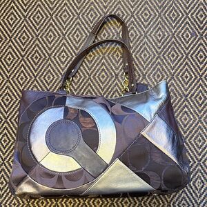 Coach inlaid OPART Metallic Leather patchwork signature print Chain Tote F20013